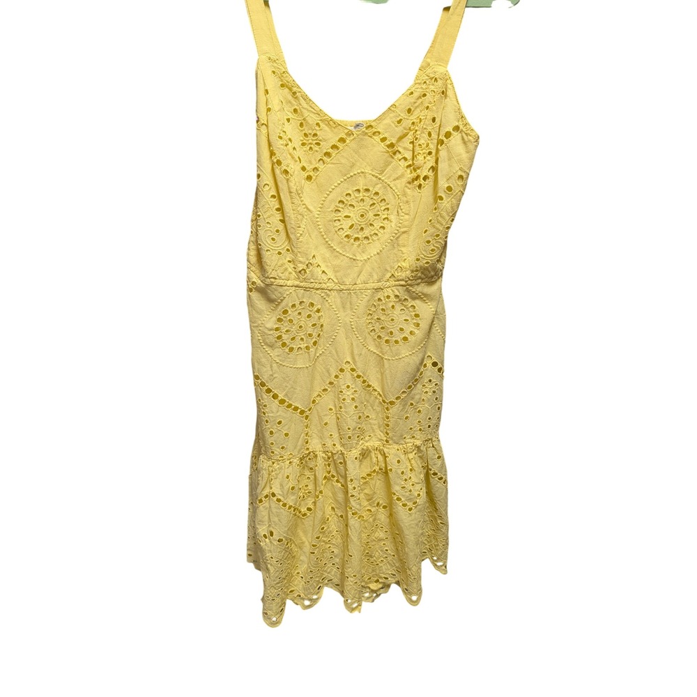 Joyous Eyelet Mini Dress Womens L Yellow Excellent Smocked Back Ruffle Cotton